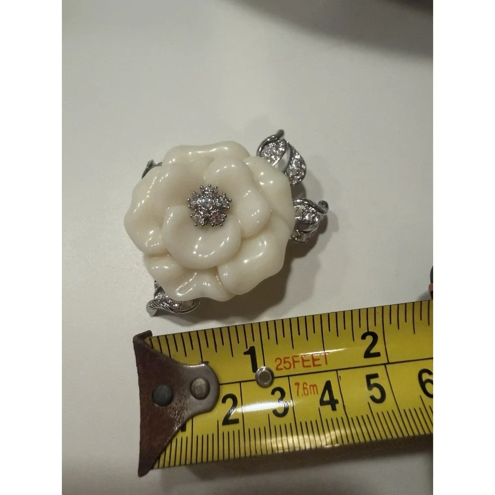 VTG NOLAN MILLER Silver Tone Lara Camellia Cream Flower Rhinestone Pin Brooch